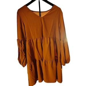 Womens Tiered Mini Dress Long Sleeve V Neck‎ Casual Tan Size L